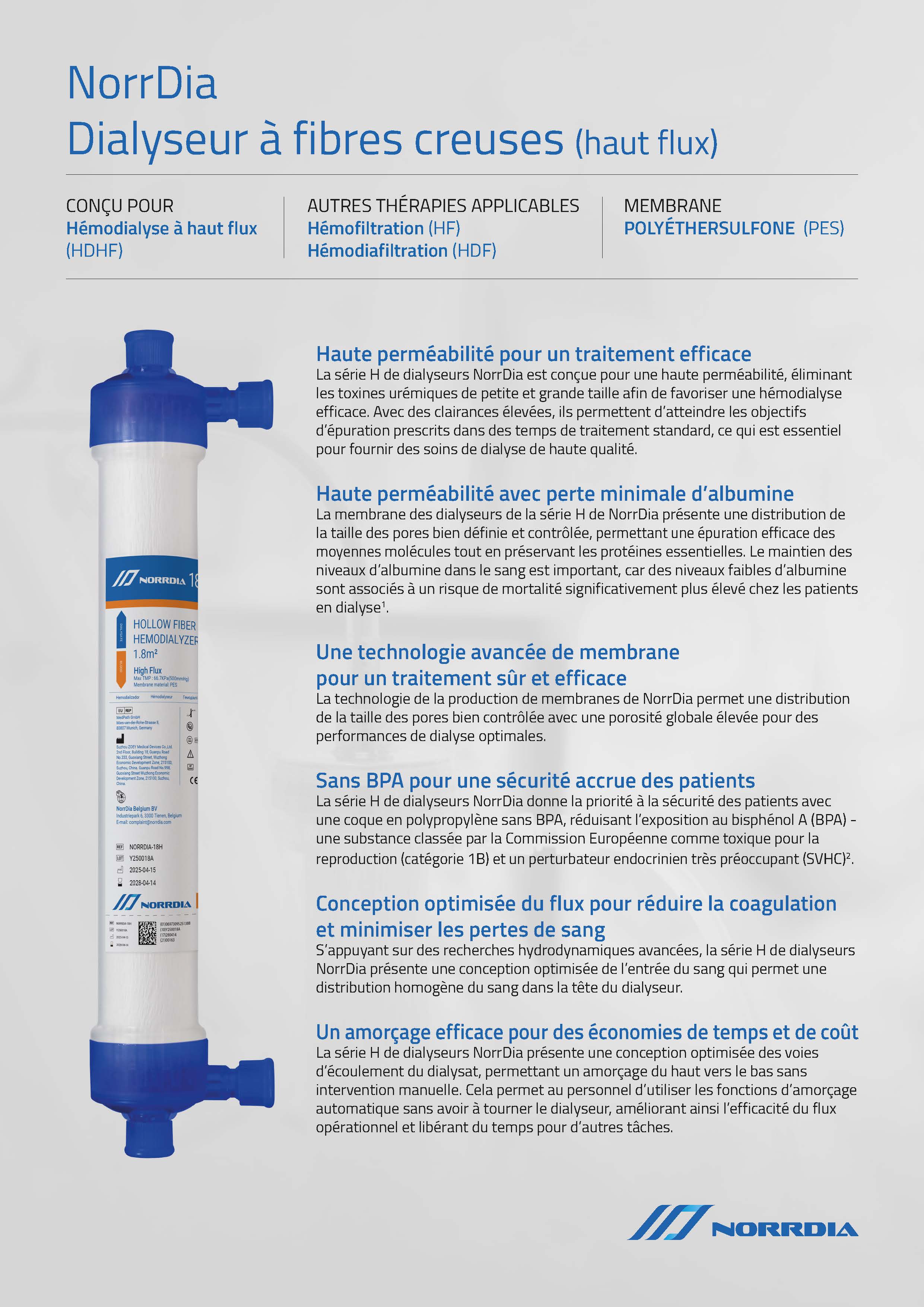 Norrdia High Flux Dialyzer Datasheet FR V09 Seite 1